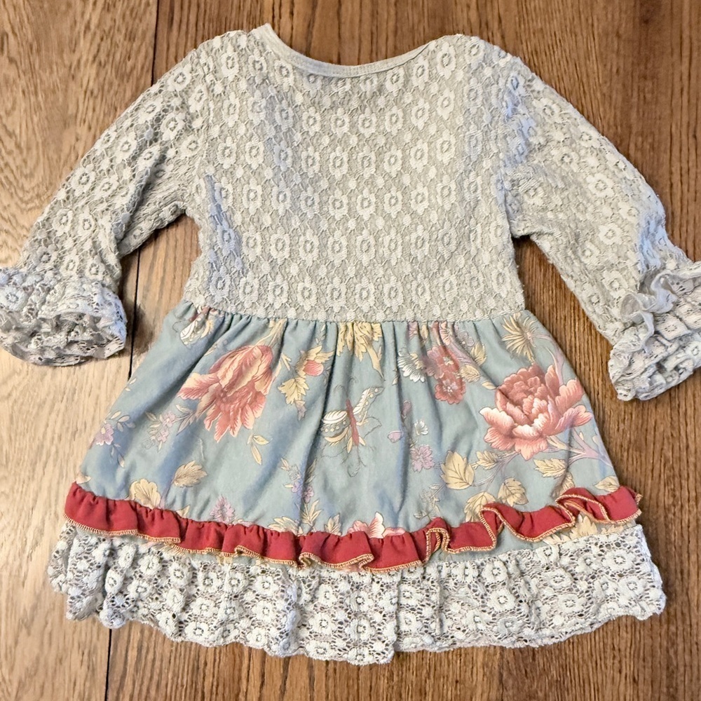 Tutu and Lulu Lace & Blue Floral Ruffle Dress w/ Red Accents 2-3T CUTE! Boho CK - Picture 5 of 7